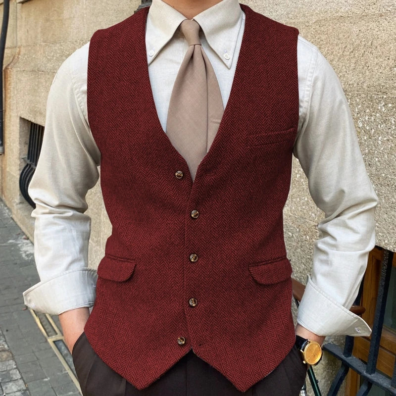 Men Vest Blue Herringbone Solid Color Single Button Waistcoat For Wedding Business Banquet Work Formal Men Suit Vest