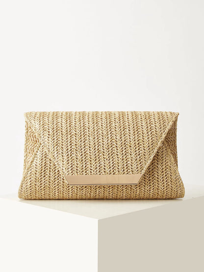 Women's Woven Clutch Bag, Beige, Solid Color, Summer, Holiday, Beach, Vacation Essential, Vacation Season, Versatile Business Commuter Women's Crossbody Bag, Casual, Simple, Beach