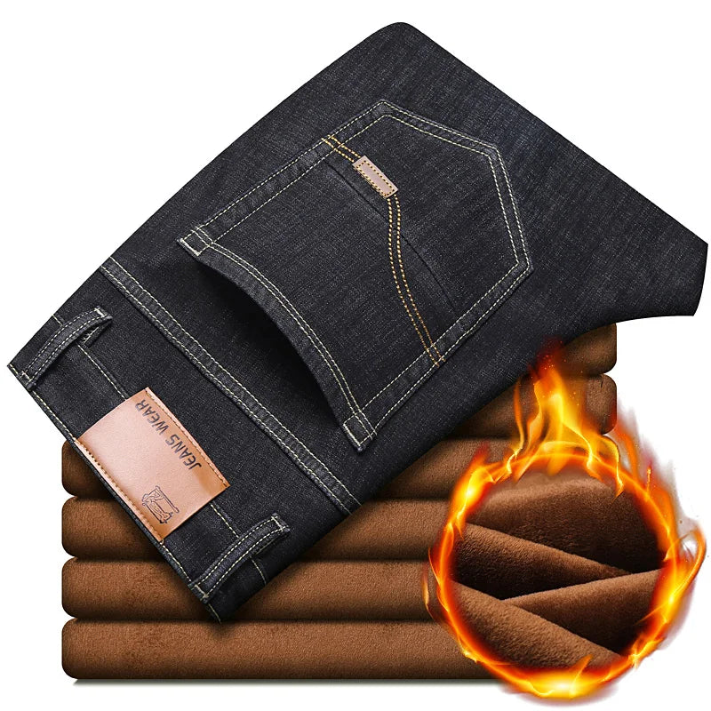 Men New Winter Classics Fleece Thick Warm Jeans Men's Loose Straight Elastic Denim Pants Casual Plush Trousers Large Size 28-40