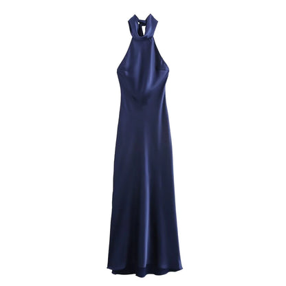 Dress for Women Fashion 2024 Autumn New Bow Sexy Backless French Elegant Halter Neck Satin Texture Midi Dresses