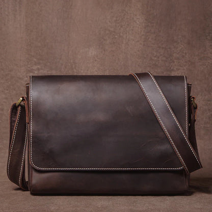 Men's High Quality Genuine Leather Shoulder Bag Vintage Flap Crazy Horse Cowhide Messenger Bag Daily Casual Crossbody Bags