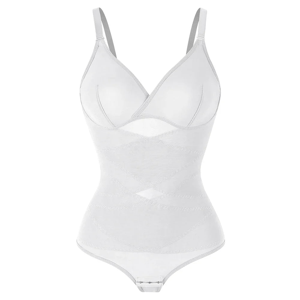 Cross Waist Tummy Control Body Shaping Bodysuit for Women Full Body Control V-Neck Mesh Breathable Briefs Underwear Butt Lifter