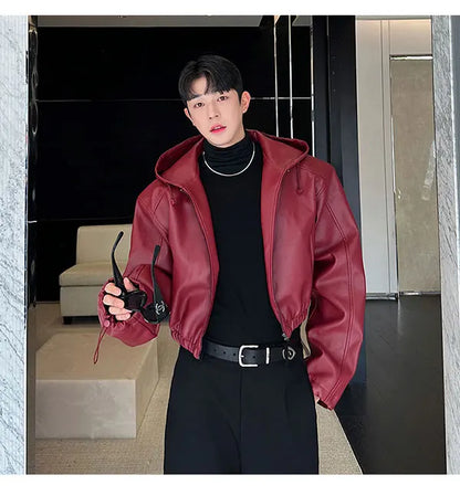 Spring Autumn Short Waterproof Black Pu Leather Jacket Men Hood Zipper High Waist Loose Casual Korean Fashion 2025