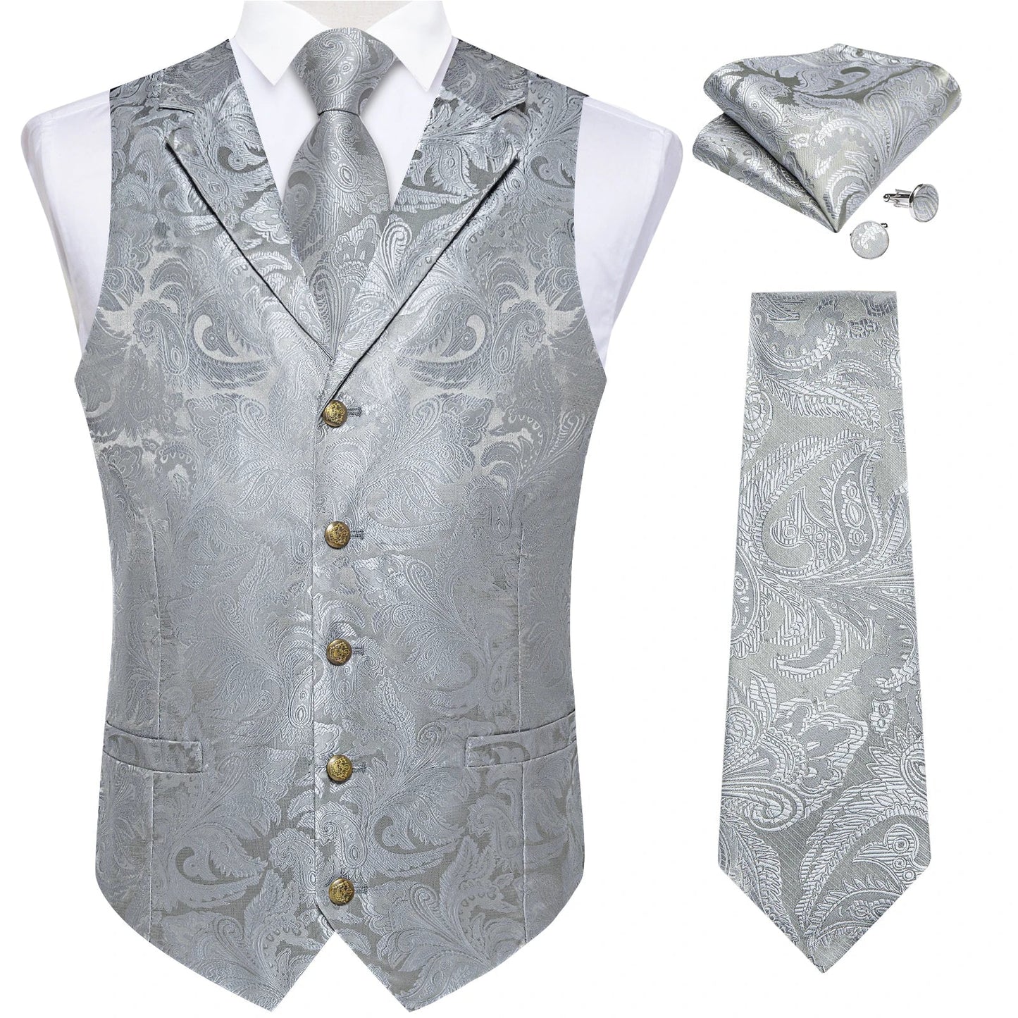 Men's Vest Tie Set Paisley Tuxedo Suit Waistcoat and Necktie Hankerchief Cufflinks for Wedding Party Groom Clothing