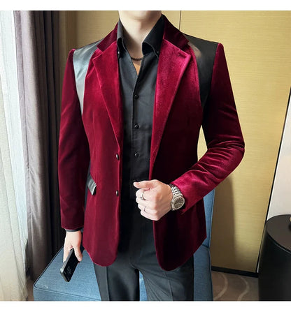 Autumn Winter New Men Mercerized Velvet Slim Fit Suit Coats Fashion Leather Splicing Casual Business Formal Party Tailcoat 4XL-M