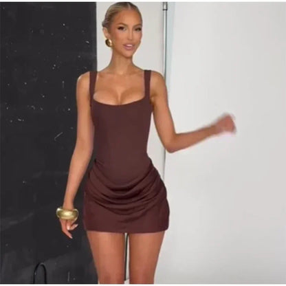 Sexy Square-neck Halter Long Dress Women 2025 Pleated Sleeveless Backless High Waist Bodycon Dresses New Summer Lady Party Gowns