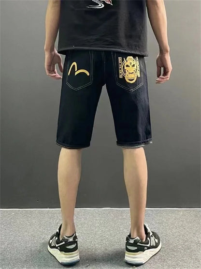 Men Embroidery Denim Shorts Black Hiphop Jeans Pants Cherry Blossom Dragon Totem Washed Zipper Cotton Summer cherry blossoms 024