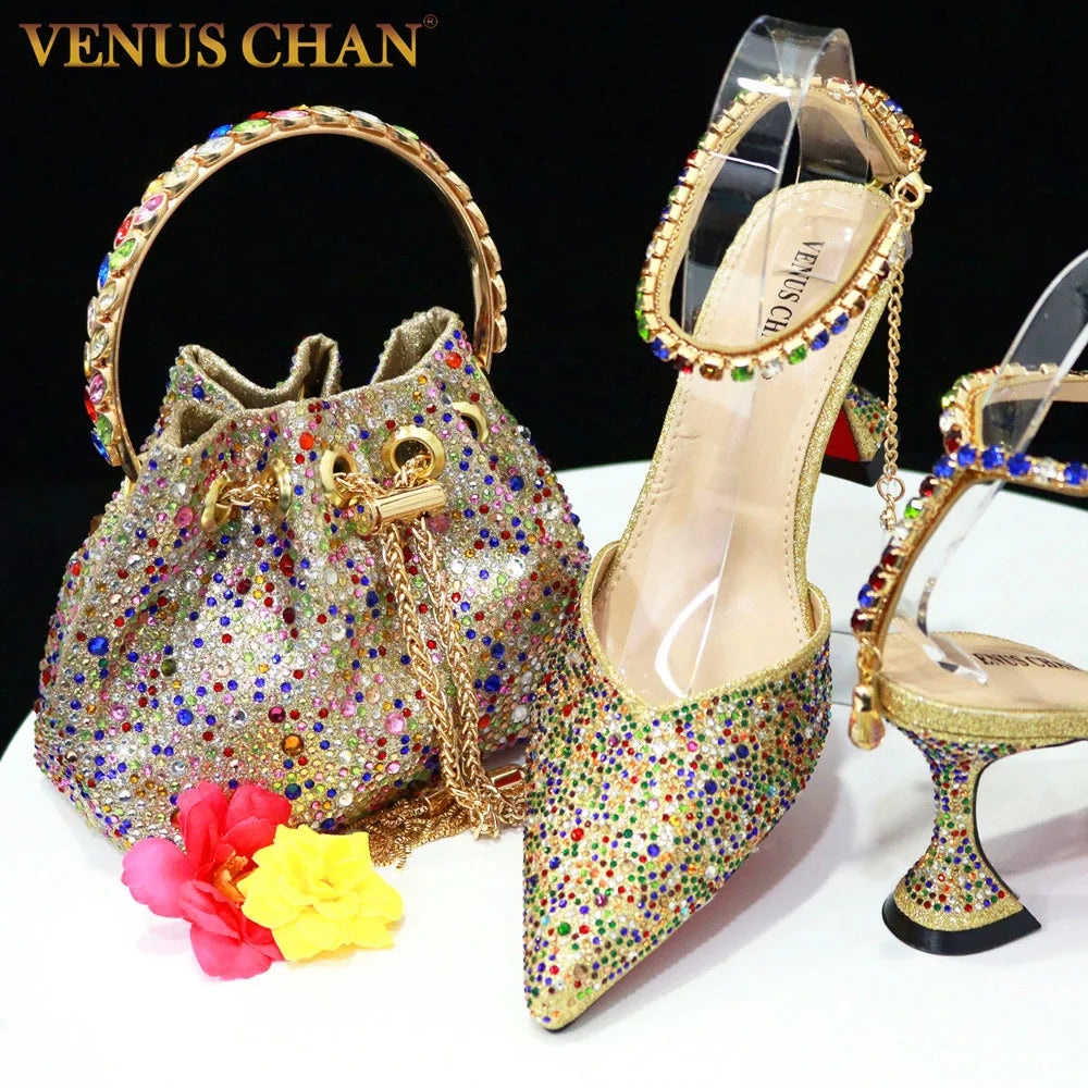 2023 Pointed Toe Heels Wedding Shoes for Women Bride Full Drilling Design Shoes With Matching Handbags for Ladies