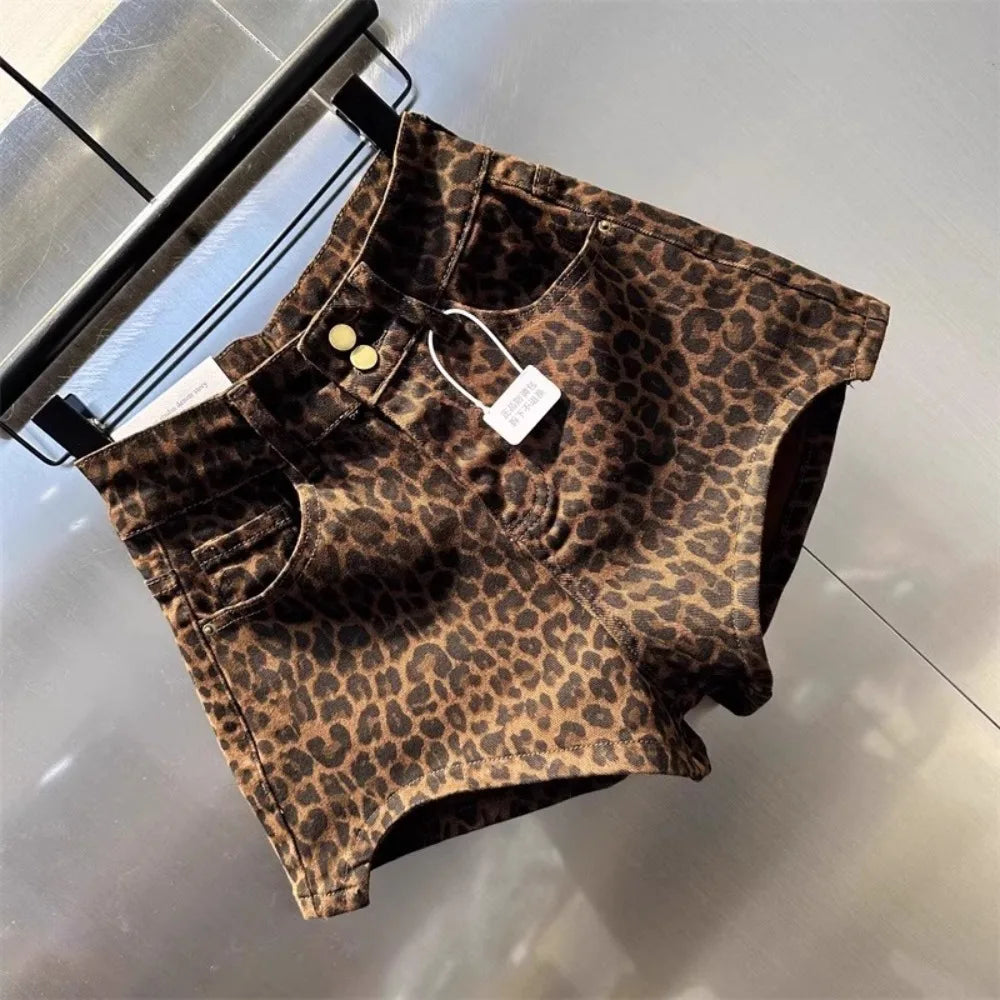 2025 Leopard Print High Waist Denim Shorts Women's New Irregular Fashion Wide-leg Pants Booty Shorts Jeans Mini Shorts Summer