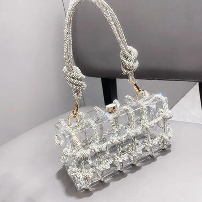 Handle Rhinestones Evening bag silver Crystal handmade Bags for Women Purses and Handbags Luxury Designer banquet bag