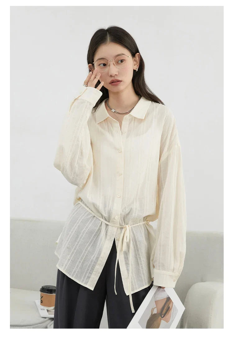 Women Shirt Textured Cotton Striped Waist Shirt Long Sleeves Female Sun Protection Blouses  Spring  Summer 2026