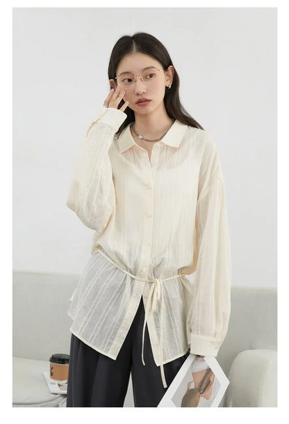 Women Shirt Textured Cotton Striped Waist Shirt Long Sleeves Female Sun Protection Blouses  Spring  Summer 2026