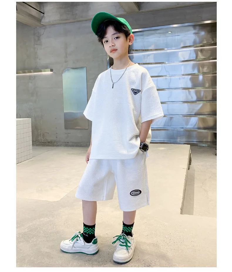 Summer Casual Boys Jacquard Loose T-Shirt Tops+Shorts Pant School Kids 2PCS Tracksuit Child Outfits Student Workout Set 3-14 Yr