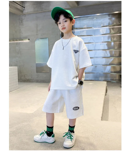 Summer Casual Boys Jacquard Loose T-Shirt Tops+Shorts Pant School Kids 2PCS Tracksuit Child Outfits Student Workout Set 3-14 Yr