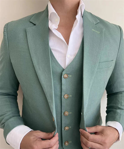 Sage Linen Men Suits for Wedding Summer Party 3 Pieces Notched Lapel Casual Style Groom Tuxedo Custom Made Slim fit Suit