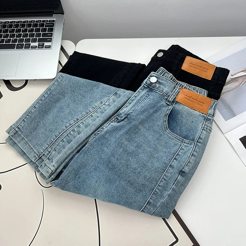Women's Split Leg Opening Drainpipe Jeans, Casual Ankle Length Denim Pants, Straight Leg, Plus Size, Spring, Autumn, 100kg, 1649