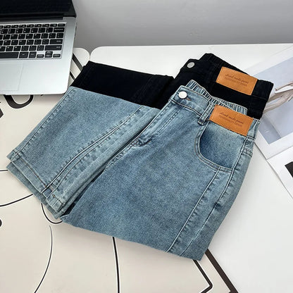 Women's Split Leg Opening Drainpipe Jeans, Casual Ankle Length Denim Pants, Straight Leg, Plus Size, Spring, Autumn, 100kg, 1649