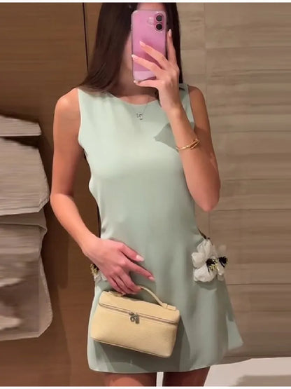 Women's Elegant 3d Flower Sleeveless Mini Dress Lady Light Green Vacation Party Dresses Stylish Female New Trend Summer Clothes