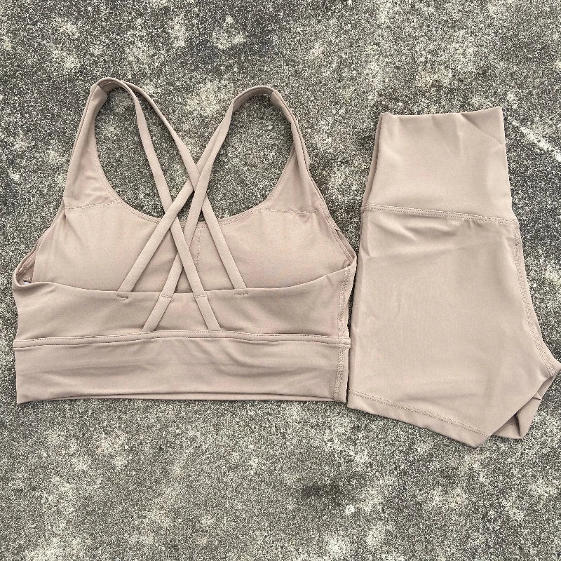 Yoga Shorts Set Gym Sports Set Women Workout Clothes 2 Piece Fitness Suit Cross Straps Bra High Waist Shorts Running Tracksuit