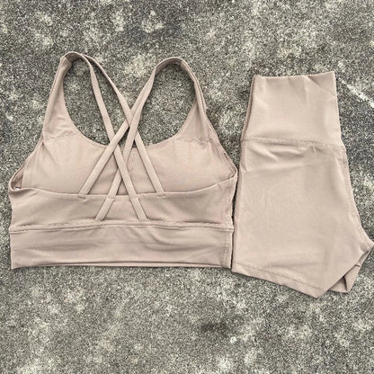 Yoga Shorts Set Gym Sports Set Women Workout Clothes 2 Piece Fitness Suit Cross Straps Bra High Waist Shorts Running Tracksuit