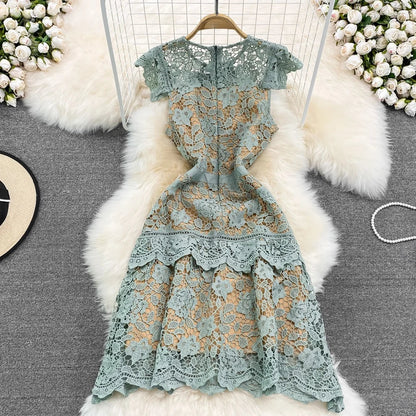 Retro Court Sle round Ne Fly Sve Slimming Soluble Hook Flower Hollow A-Line Dr Summer New Arrival Women's Faion