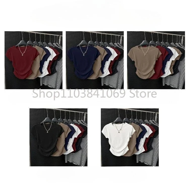 Summer Slim Fit Top for Women Casual Threaded Waist Cinched U-Shaped Hem Short Sleeve Irregular Hemline Women's Clothing
