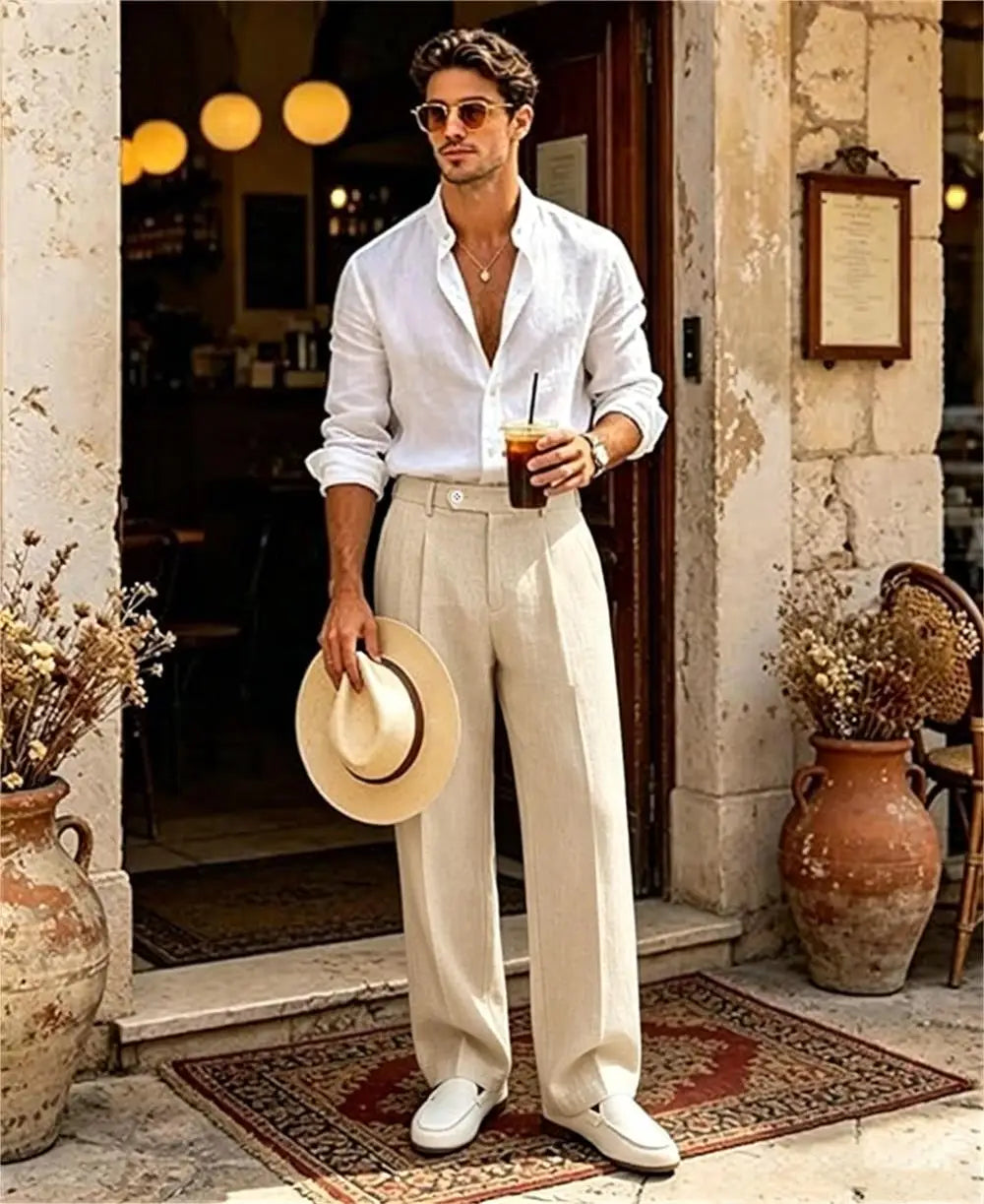 Mens Linen Casual Dress Pants Old Money Pleated Wide Leg Baggy Vintage Relaxed Fit Slacks Work Office Trousers