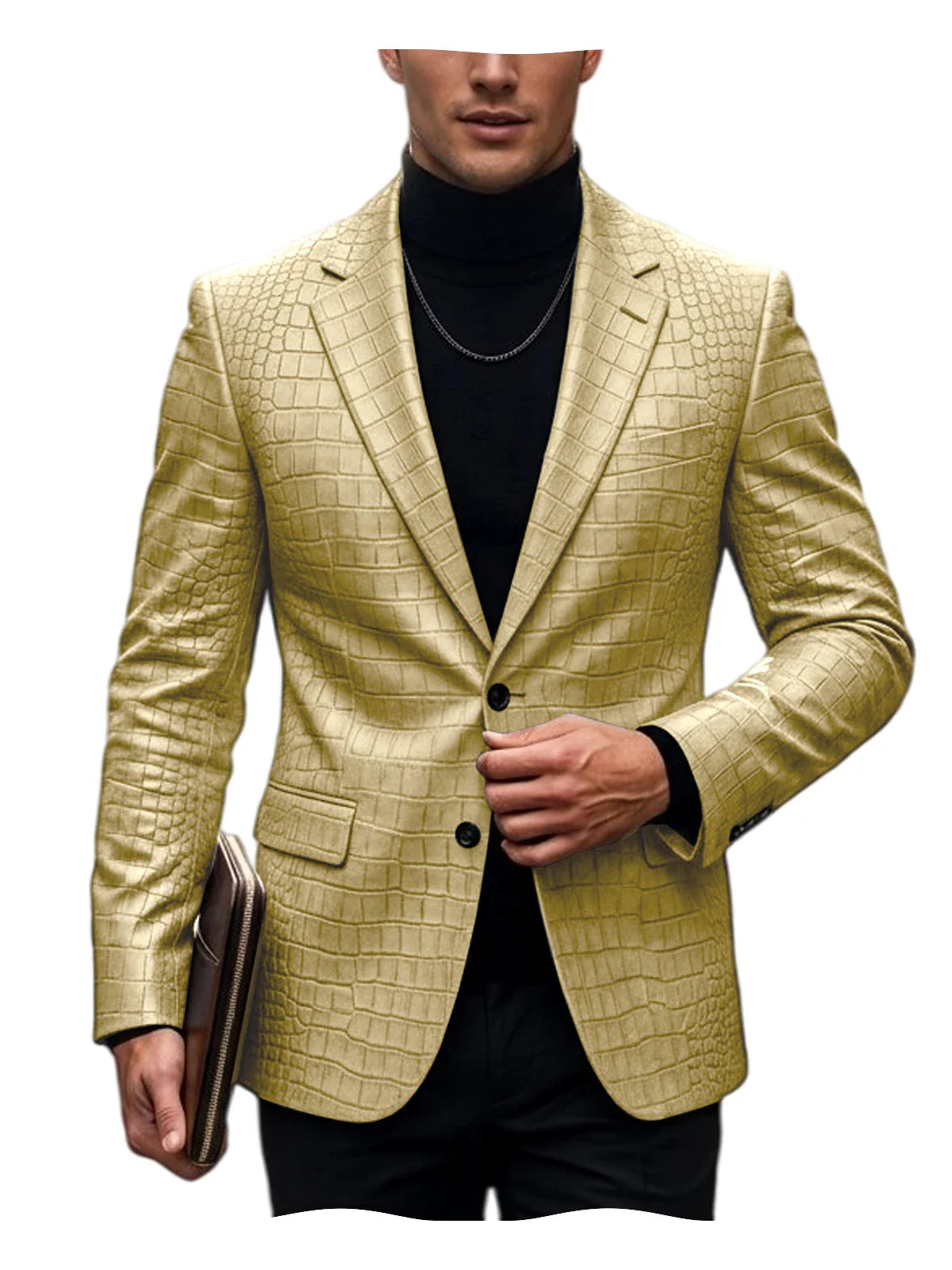 Men's Crocodile Embossed Leather Blazer British Vintage Notched Lapel Slim Fit Business Suit Jacket Two Button Flap Pockets Coat