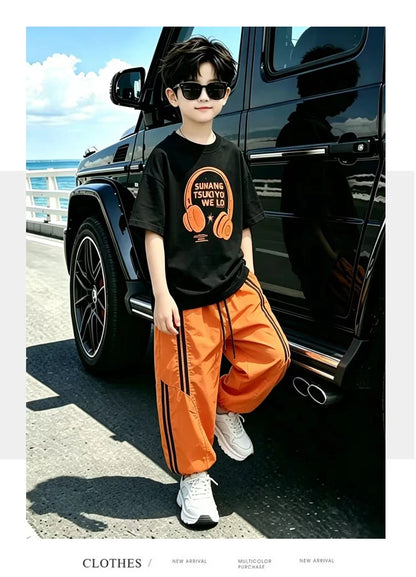 Street Style Children Luxury Summer Outfit Top And Bottom Set for Teen Boys T-shirt Pants Suit Kids Fashion Streetwear Clothes
