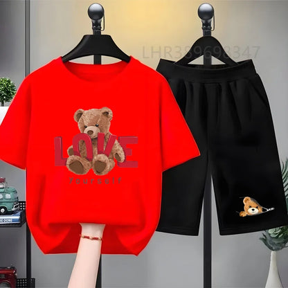 Kids T-shirt+Shorts Two-Piece Set White Clothing Boy Girl 3-12 Yrs Sports Short-Sleeved Summer Casual  Little Bear Printing Set