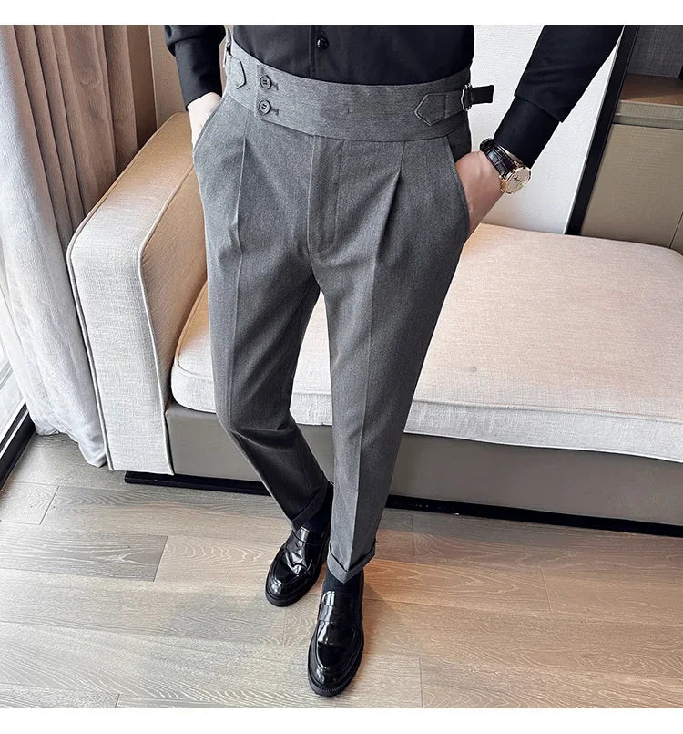 Autumn Winter High Waist Business Dress Pants Men Casual Belt Design Slim Suit Pants Formal Wedding Social Party Male Trousers