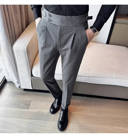 Autumn Winter High Waist Business Dress Pants Men Casual Belt Design Slim Suit Pants Formal Wedding Social Party Male Trousers