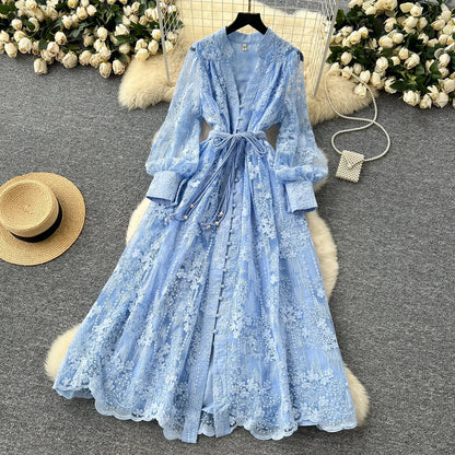 High-End Women's Dress Heavy Embroidery A-Line Long Skirt V-Neck Lantern Sleeve Single Button High Waist Korean Style Commute