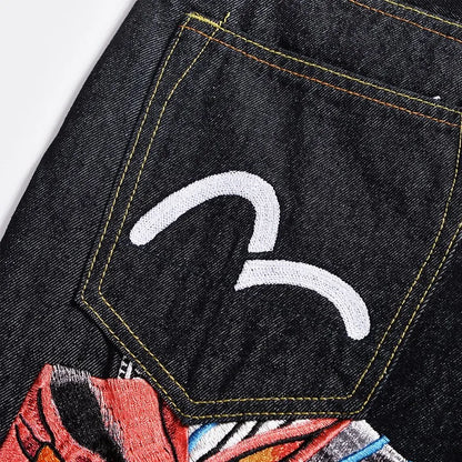 Men's Japanese Handmade Embroidered Cotton Jeans Straight Tube Slim Fit Hip-Hop Trousers Red Ear Detail Devil Big M Golden Text