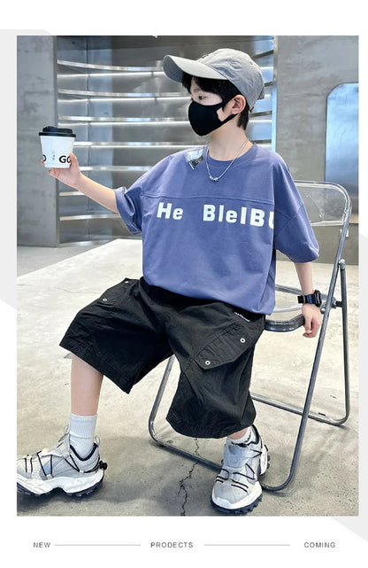 New Casual Boys Top and Bottom Clothes Set Summer Suit for Tween Children Clothing Kids Teenager Shorts Sleeve Tshirt Shorts Set