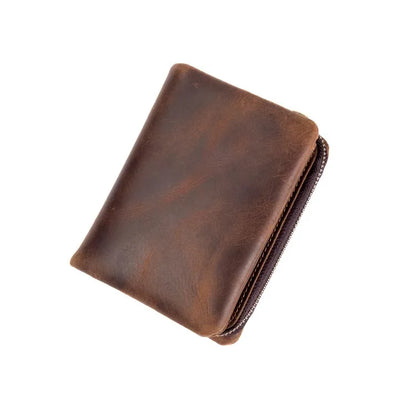 Handmade crazy horse leather wallet retro vertical zipper wallet first layer cowhide simple old wallet man