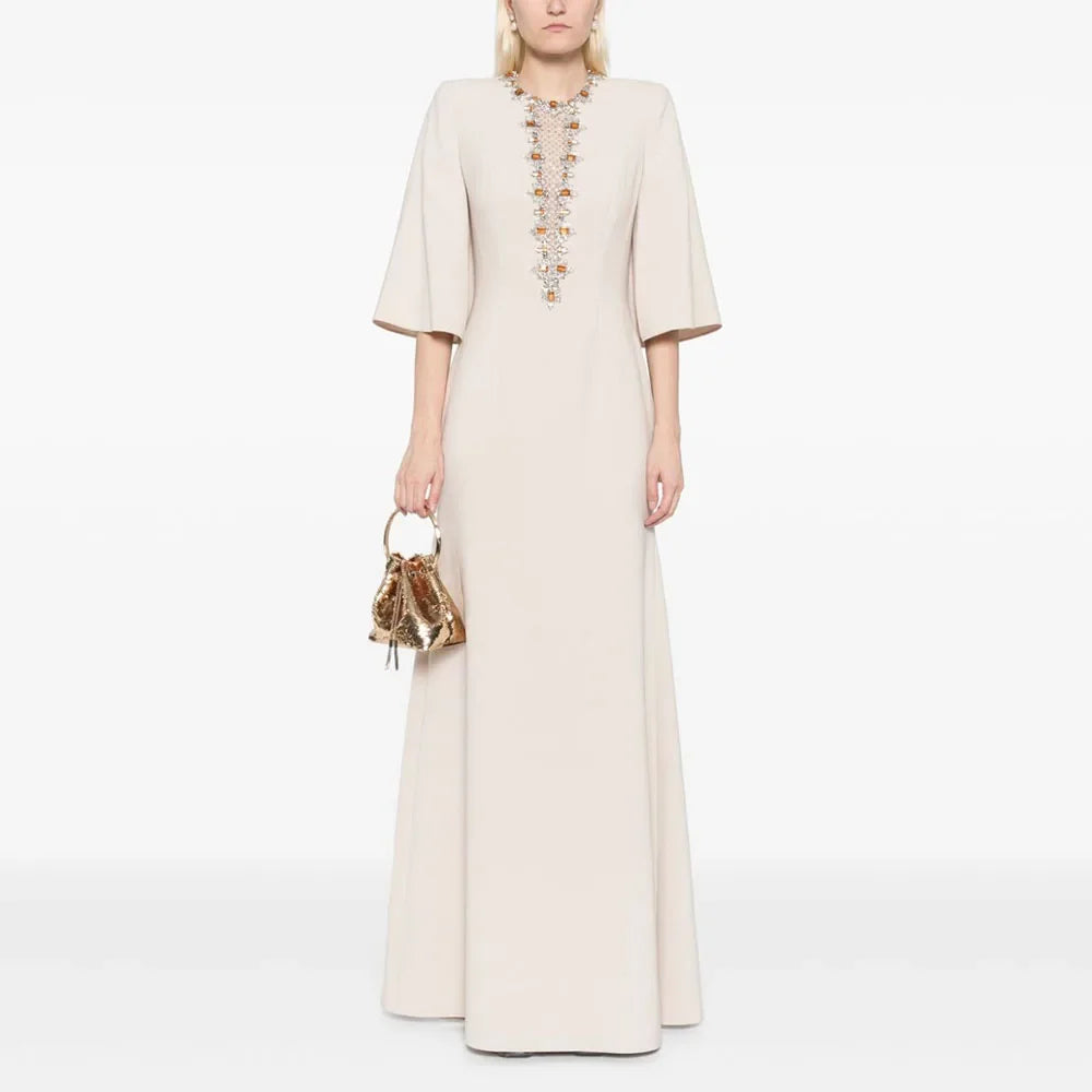 Elegant Wedding Guest Dress Champagne Crystal O Neck Mermaid Formal Party Gowns for Women 2025 3/4 Sleeves Trumpet Evening Dress