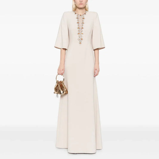 Elegant Wedding Guest Dress Champagne Crystal O Neck Mermaid Formal Party Gowns for Women 2025 3/4 Sleeves Trumpet Evening Dress