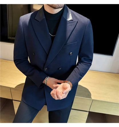 (1 Pcs Jackets) New Thicken Thicken Striped Casual Suit Jacket Fashion Splicing Leather Neck Men's Business Slim Blazers Tuxedos