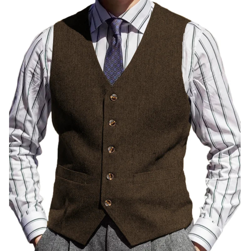 Men Vest Brown Herringbone Solid Color V Neck Waistcoat For Wedding Business Banquet Work Formal Daily Casual Men Suit Vest