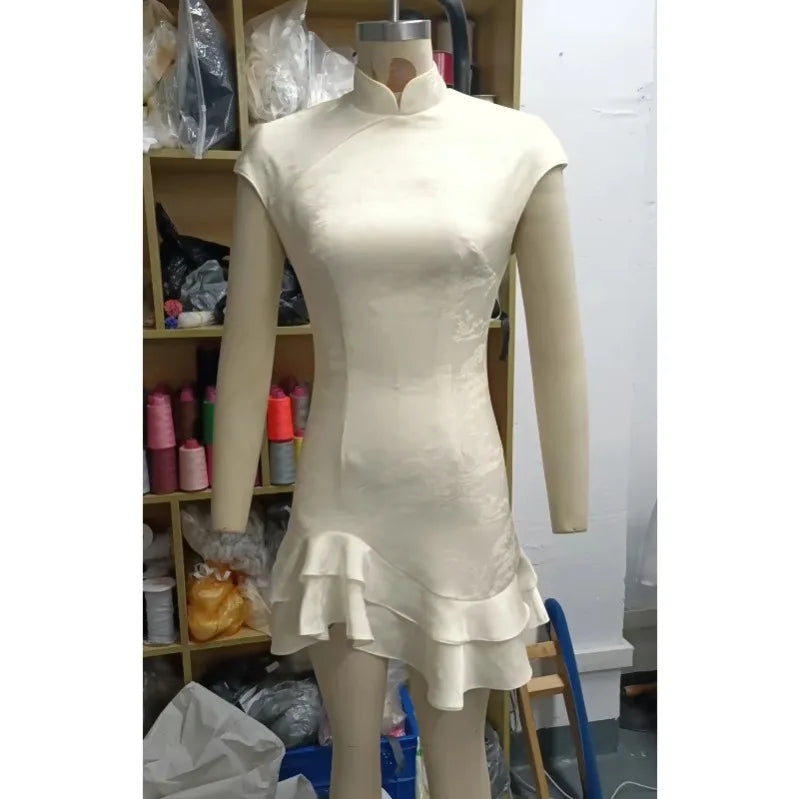Women's Elegant Satin Evening Dress Fashion Stand Neck High Waist Slim Mini Dresses Party Sexy Short Sleeve Ruffle Dress