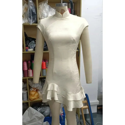 Women's Elegant Satin Evening Dress Fashion Stand Neck High Waist Slim Mini Dresses Party Sexy Short Sleeve Ruffle Dress