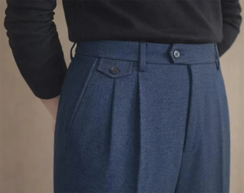 Elegant Men’s Herringbone Suit Pants Vintage British Style Casual  Trousers Tailored Formal Pants