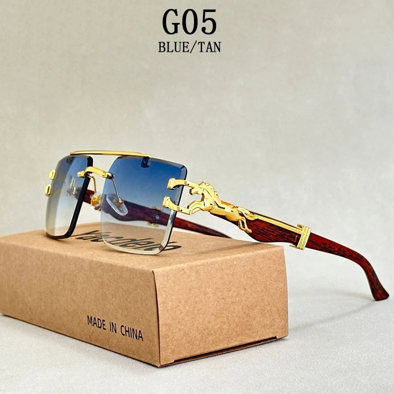 Wood Grain Sunglasses Women Trendy 2024 Rimless Sunglasses Men Vintage Designer Fashion Glasses Lentes De Sol Mujer Zonnebril