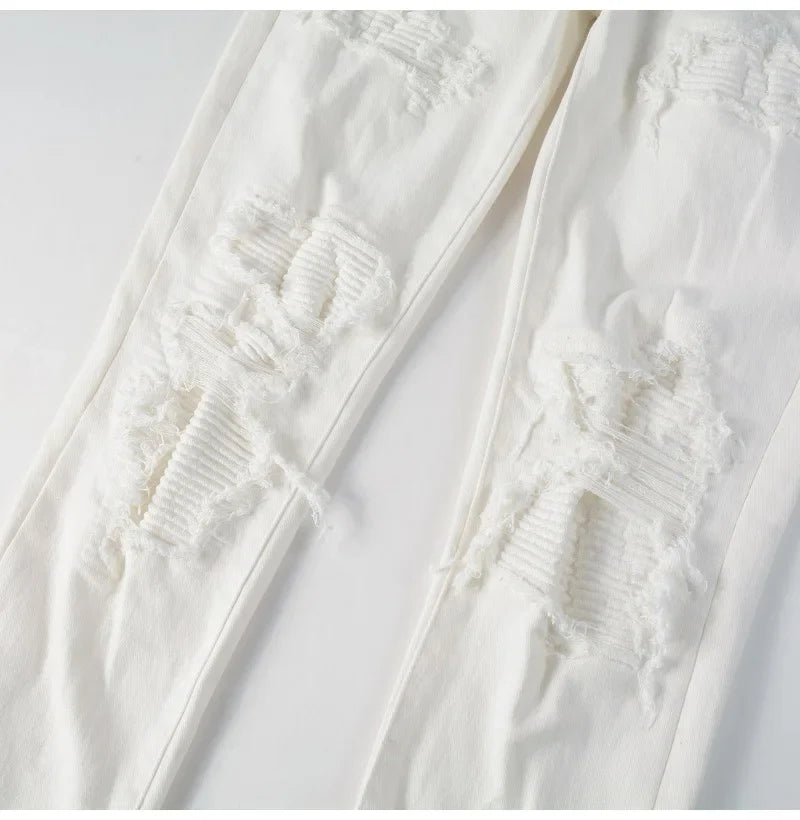 Men's White Stretch Ripped Biker Jeans Slim Skinny Pleated Patchwork Denim Pants