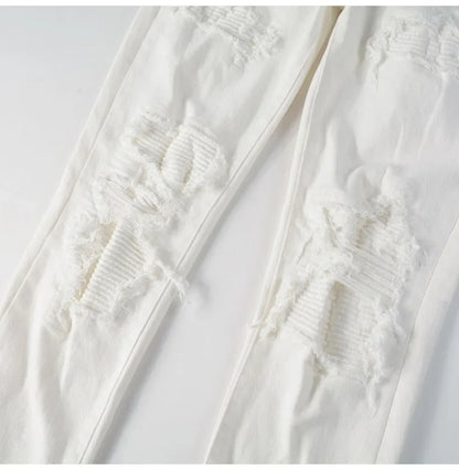 Men's White Stretch Ripped Biker Jeans Slim Skinny Pleated Patchwork Denim Pants