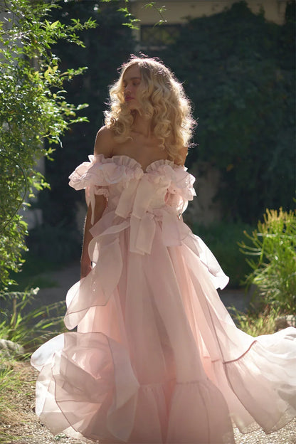 Baby Pink Off Shoulder Prom Dress Sweet Edge Curl Organza Vestidos De Noche Puffy Prom Dress Customized فساتين السهرة