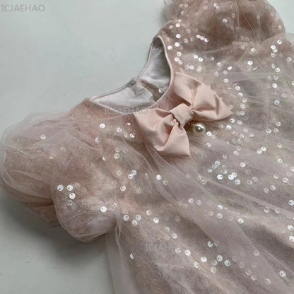2026 New Summer Dress Girls Sequin Tulle Princess Party Gown Children Pageant Formal Attire Celebration Outfit Elegant Clothes