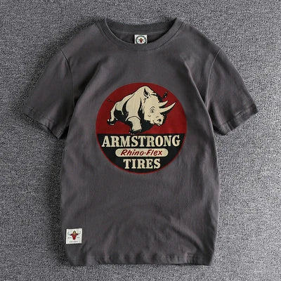 Summer New American Retro Short-sleeved O-neck Rhino Printed T-shirt Men's Fashion Simple 100% Cotton Washed Casual Sport Tops