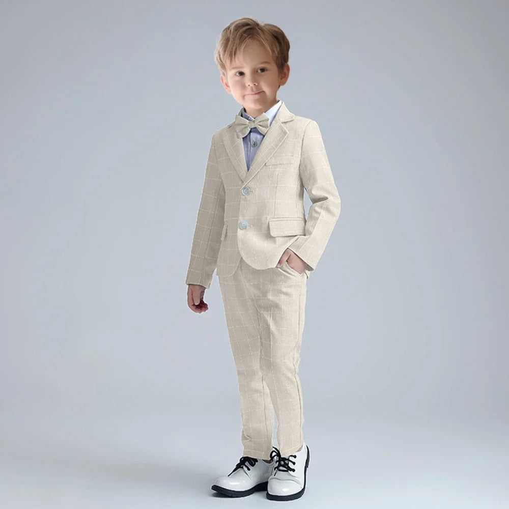 Classic Khaki Children Lapel Suit Set School Graduation Ceremony High Quality Boys 3 Pieces Blazer Pants Bow-tie For Activities